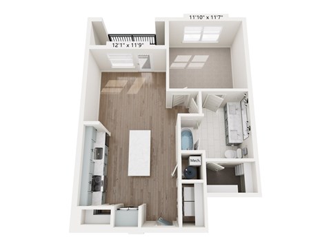A2_6 A floor plan of a small apartment with a kitchen, living room, and bathroom.